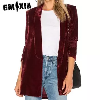 GMXIA Золотой бархатный костюм женское пальто тонкий модный простой повседневный кардиган пальто S чёрный