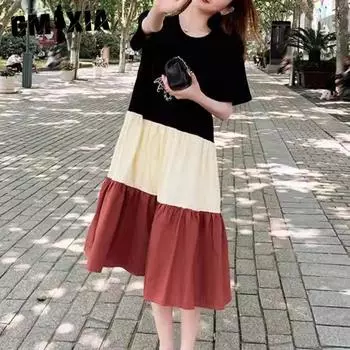 GMXIA Футболка платье пэчворк контрастный цвет студентка мешковатый плюс размер мода в длинная выше колена юбка лето M