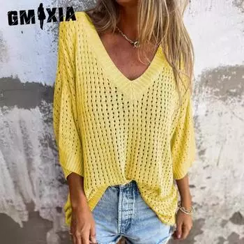 GMXIAT футболка женская ажурная с длинным рукавом трикотажная Mountain Lazy Design Sense V-образный вырез антитрикотаж S