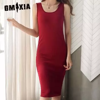 GMXIAЖенская мода лето весна однотонный принт без рукавов повседневные платья с высокой талией S бордовый