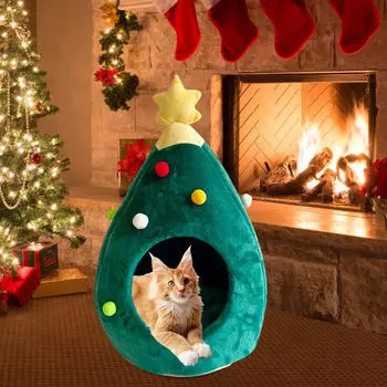 Гнездо для кошки с частичным закрытием, лежанка для собаки в праздничном дереве, моющаяся палатка для кошек и собак M