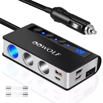 Гнездо прикуривателя OOWOLF, 3 разъема, 180 Вт, USB x 4 порта, Быстрая зарядка QC3.0+PD (black + gray)