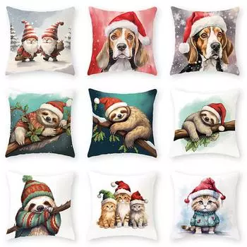 Гном Санта кошка собака животное принт рождественская наволочка гостиная диван подушка чехол украшение дома новогодний рождественский подарок 40x40cm