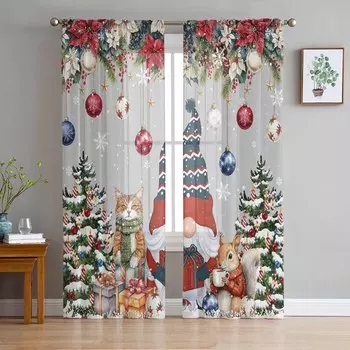 Гном Снежинка Новогодняя елка Шар Подарок Кошка Белка Прозрачные шторы Украшение комнаты Оконная занавеска Кухня Тюль Вуаль Шторы W135 x H115cm x1