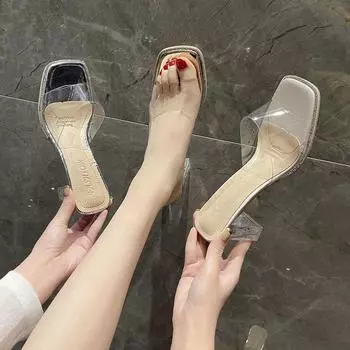 Go out and wear crystal thick heels, one-word drag girl 2024 new summer fairy style transparent temperament high heels high heels tide 34