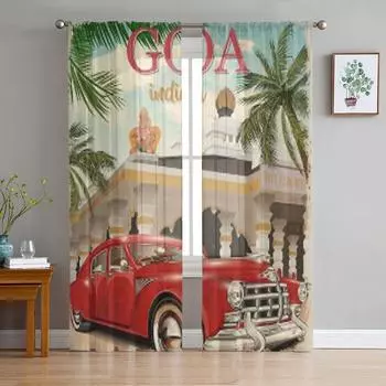 Гоа, Индия, постер с ретро-автомобилем, тюлевые шторы для гостиной, прозрачные занавески для спальни, вуаль из органзы, декоративные украшения для окон 135W x 114H(cm)