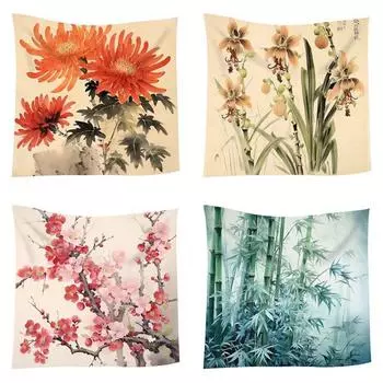 Гобелен, цифровая печать, прямая трансляция фоновой ткани, обои для украшения дома в китайском стиле, сливовая орхидея, роспись тушью бамбуковой хризантемы, 1.5m*1.5m