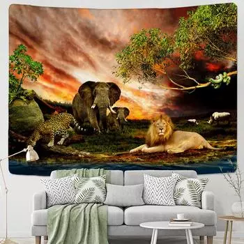 Гобелен «Дикая природа у реки» Ягуар Лев Слон настенный подвесной богемный лунный психоделический мандала домашний декор 95x70 CM