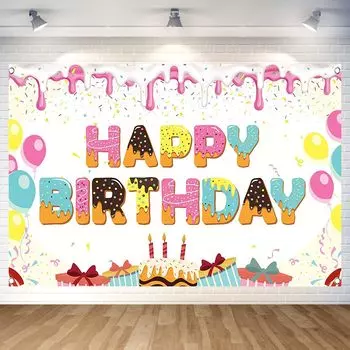Гобелен на день рождения с изображением пончика Гобелен на день рождения с украшением в виде пончика Стильный настенный фотофон на день рождения Пончик С Днем Рождения Фотоплакат для вечеринки Главная