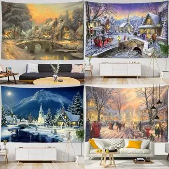 Гобелен Новый год Рождество Снежные горы пейзаж картина маслом фон ткань гостиная дома настенная ткань 100x75cm