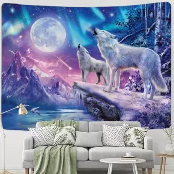 Гобелен с Арктическим Волком, настенный Гобелен с Солнцем и Луной, психоделическое животное, колдовство, богемный фон для домашнего общежития, декор 95x70cm