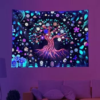 Гобелен с большим деревом, светящийся в темноте, черный УФ-свет, реактивный прямоугольник, моющийся, гостиная, спальня, настенное искусство, тематический фон с природными растениями S
