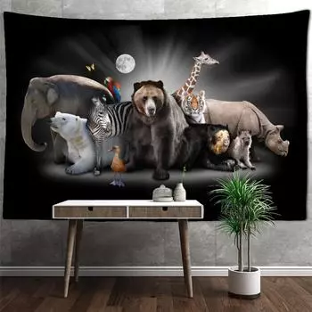 Гобелен с бурым медведем и жирафом, настенный гобелен в богемном стиле, колдовство, психоделический эстетичный декор с несколькими животными, фоновая ткань 95x70cm