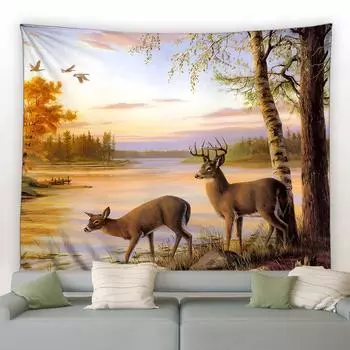 Гобелен с дикой природой, снежный волк, панда, лось, зеленое бамбуковое дерево, озеро, лесной пейзаж, украшение для дома, комнаты, сада, настенное гобелен 100X75CM