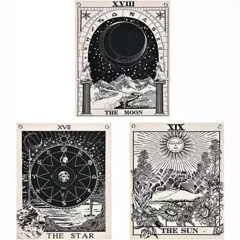 Гобелен с флагом Таро - Солнце, Луна и Звезда - Напечатанные вручную гобелены из богемского хлопка, набор из 3 штук (Ч/б, 11,8 x 15,7 дюймов) 11.8 x 15.7 inches