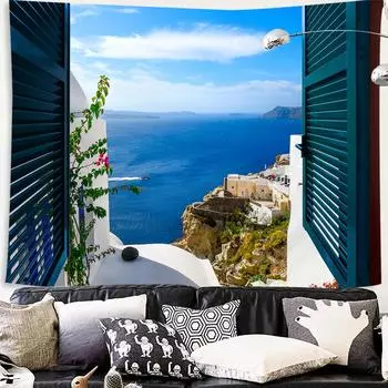 Гобелен с горным пейзажем, морское окно, лес, настенный гобелен для гостиной, украшения гостиной, гобелен 100x75cm