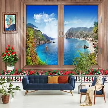 Гобелен с имитацией окна, гобелен с лесом и грибами, декорации, настенный подвесной цветок, фреска, искусство, украшение для спальни 100X75CM