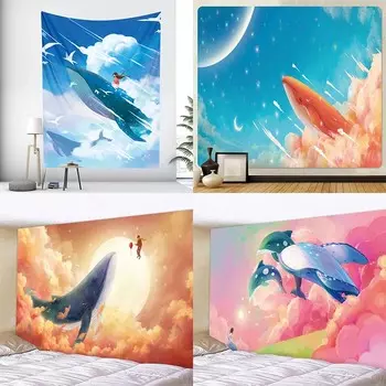 Гобелен с изображением летящего кита и девушки, украшение для стен дома, гобелен для офиса, гостиной, гобелен 100x75cm