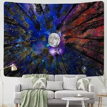 Гобелен с изображением лунного леса, психоделическое ночное небо, деревья и звезды, ткань из полиэстера, фоновая ткань для домашнего декора 95x70cm
