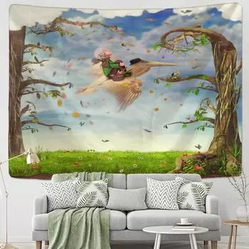 Гобелен с изображением мальчика и тукана на стене, мультфильм Kawaii, детская комната, домашний декор, фоновая ткань 95x70cm