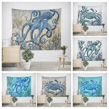 Гобелен с изображением осьминога и краба, украшение для офиса, гостиной, настенный гобелен для дома 100x75cm