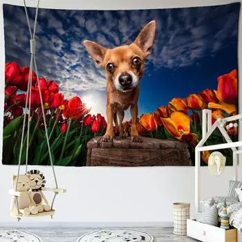 Гобелен с изображением щенка, цветка и моря, настенный подвесной гобелен с животными, хиппи, тапиз, Kawaii, художественный минималистичный декор для детской комнаты 95x70cm