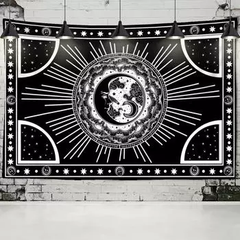 Гобелен с изображением Солнца, Луны и Звезды, настенный гобелен, иллюзорный абстрактный колдовство, черно-белый принт, богемный декор для общежития 95x70CM