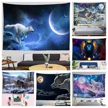 Гобелен с изображением волка в стиле фэнтези, настенный гобелен с животными, эстетическое украшение комнаты, богемный психоделический мандала, украшение стены для дома в общежитии 100x75cm