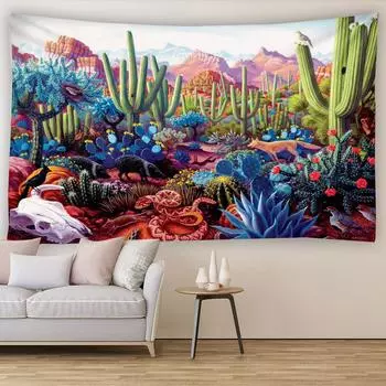 Гобелен с кактусом, закатом, пустыней, опунцией, кактусом, широкий настенный домашний эстетический декор, художественный декор для спальни, комнаты 100X75CM