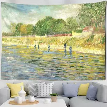 Гобелен с лесной архитектурой на берегу реки, настенный гобелен в стиле хиппи, тапиз, художественный пейзаж, картина маслом Ван Гога, домашний декор для спальни 95x70CM