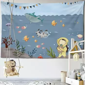 Гобелен с мультяшной акулой и черепахой, настенный гобелен Kawaii Hippie Tapiz Art, загадочная милая иллюстрация, декор для детской комнаты 95x70cm