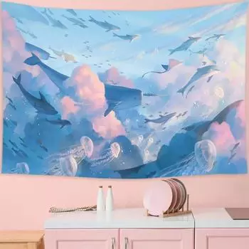 Гобелен с мультяшным небом и дельфином, настенный гобелен с розовыми облаками и китами, эстетический гобелен Kawaii, декор комнаты, принт, домашний декор 100x75cm