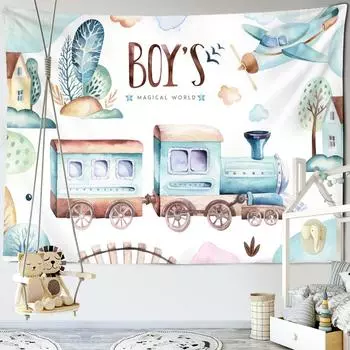 Гобелен с мультяшным поездом и животными, настенный гобелен Kawaii, милый бохо-арт, минималистичный хиппи для девочек, общежитие, декор для детской комнаты, ткань 95x70cm