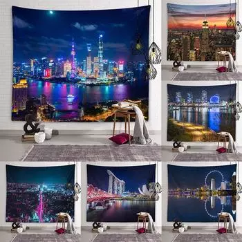 Гобелен с ночным освещением города, город, великолепная архитектура, гобелен для спальни, эстетика комнаты, украшение дома 100X75CM