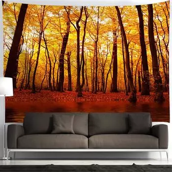 Гобелен с осенним лесом, гобелен с желтым деревом, гобелен с осенним озером, гобелен с природным пейзажем, гобелен для гостиной, спальни 95*73