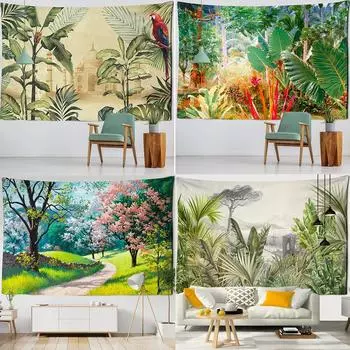 Гобелен с пальмой, настенный ковер с тропическими листьями, цветочным узором, пляжный коврик, ковер с животным фоном 100x75cm