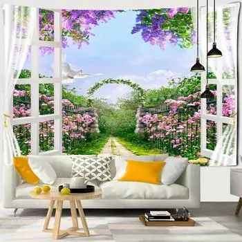 Гобелен с пейзажем на окне для украшения, 3D-гобелен с романтическими цветами, домашняя живопись, психоделические лесные гобелены, настенные гобелены W150xH100cm