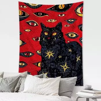 Гобелен с принтом кота Ковена, колдовство, хиппи, тапиз, настенный подвесной богемный мандала, художественный эстетический декор комнаты 95x70cm