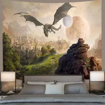 Гобелен с психоделическим рисунком замка Dragon Tour Wheel, летний гобелен с принтом морской дамбы, украшение для дома, спальни 100x75cm