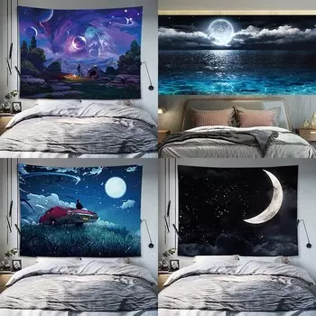 Гобелен с рисунком луны и звездного неба, украшение для стен дома, гобелен для спальни, гостиной, гобелен 100x75cm