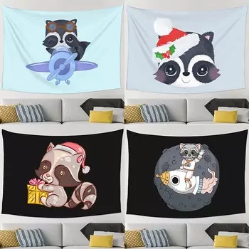 Гобелен с рисунком мультяшного енота Гобелен для офиса, гостиной, украшения стен дома 100x75cm