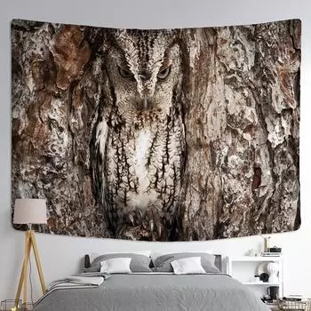 Гобелен с совой на дереве, настенный подвесной абстрактный загадочный 3D принт, психоделический эстетический декор для дома и комнаты 95x70CM
