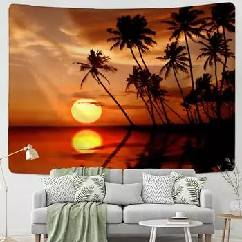 Гобелен с закатом и кокосовым лесом, настенный гобелен с тропическим пейзажем, искусство хиппи, богемный домашний декор для спальни 95x70CM