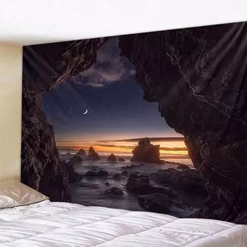 Гобелен с закатом, пляжем, пещерой, богемный настенный стикер, декоративный гобелен, настенный тканевый гобелен для гостиной, настенный художественный гобелен 100x75cm
