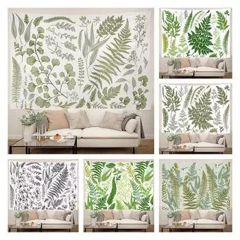 Гобелен с зелеными растениями, гобелены с ботаническими листьями, весенние лиственные зеленые винтажные цветочные настенные художественные кавайные гобелены, декор комнаты, эстетический декор 100x75cm