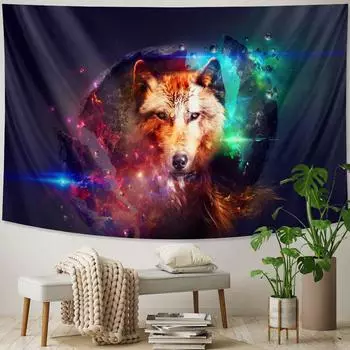 Гобелен со звездным волком, психоделические сцены, гобелен в стиле арт-деко, гобелен колдовства, хиппи, декор в стиле бохо, эстетика спальни, домашний декор 100X75CM