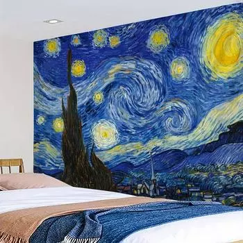 Гобелен Ван Гога Знаменитое напечатанное одеяло Настенный гобелен Звезда Луна Ночь Украшение спальни Кабинет Аренда комнаты 95x75 см 75X58cm