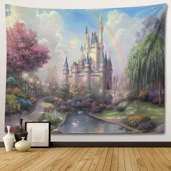 Гобелен в стиле фэнтези, розовый замок, украшение для дома, комнаты, психоделический пейзаж, страна чудес, волшебный лес, украшение для детской спальни для девочек 100X75CM