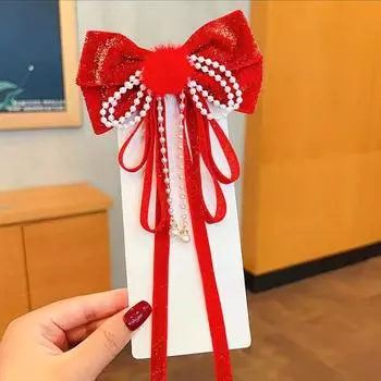 Год красный блестящий бархатный бант заколка для волос головной убор на Рождество благоприятная лента с бантом заколки для волос женские аксессуары для волос для девочек