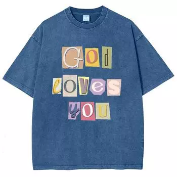 Футболка с надписью «Бог любит тебя» с нарисованными вручную буквами, черная, женская, стираная, джинсовая, хлопковая, свободная, с коротким рукавом, милая S